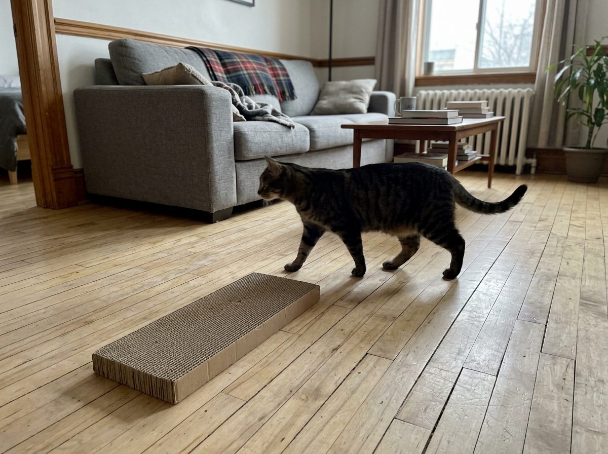 Griffoir plat en carton laissé de côté pendant que le chat passe devant
