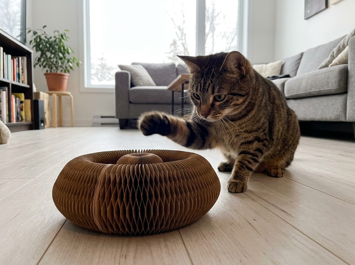 Chat qui frappe le griffoir souple d'un coup de patte dans un salon