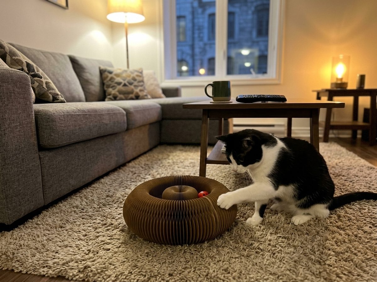 Chat qui joue avec le griffoir dans un salon le soir