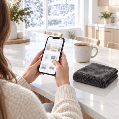 Une cliente commande sur son téléphone dans sa cuisine
