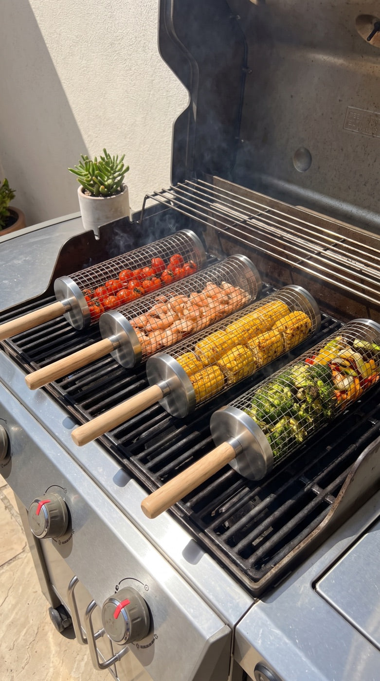 Panier à BBQ fylld med grönsaker