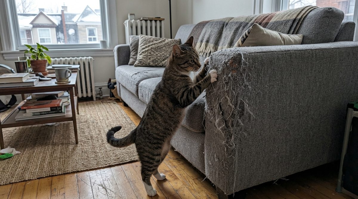 Chat qui griffe le côté d'un divan en tissu dans un appartement