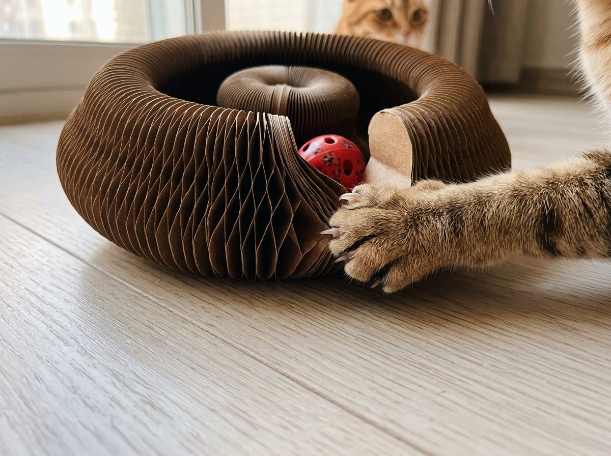 Patte de chat griffes sorties qui tire sur les plis du griffoir en carton alvéolé