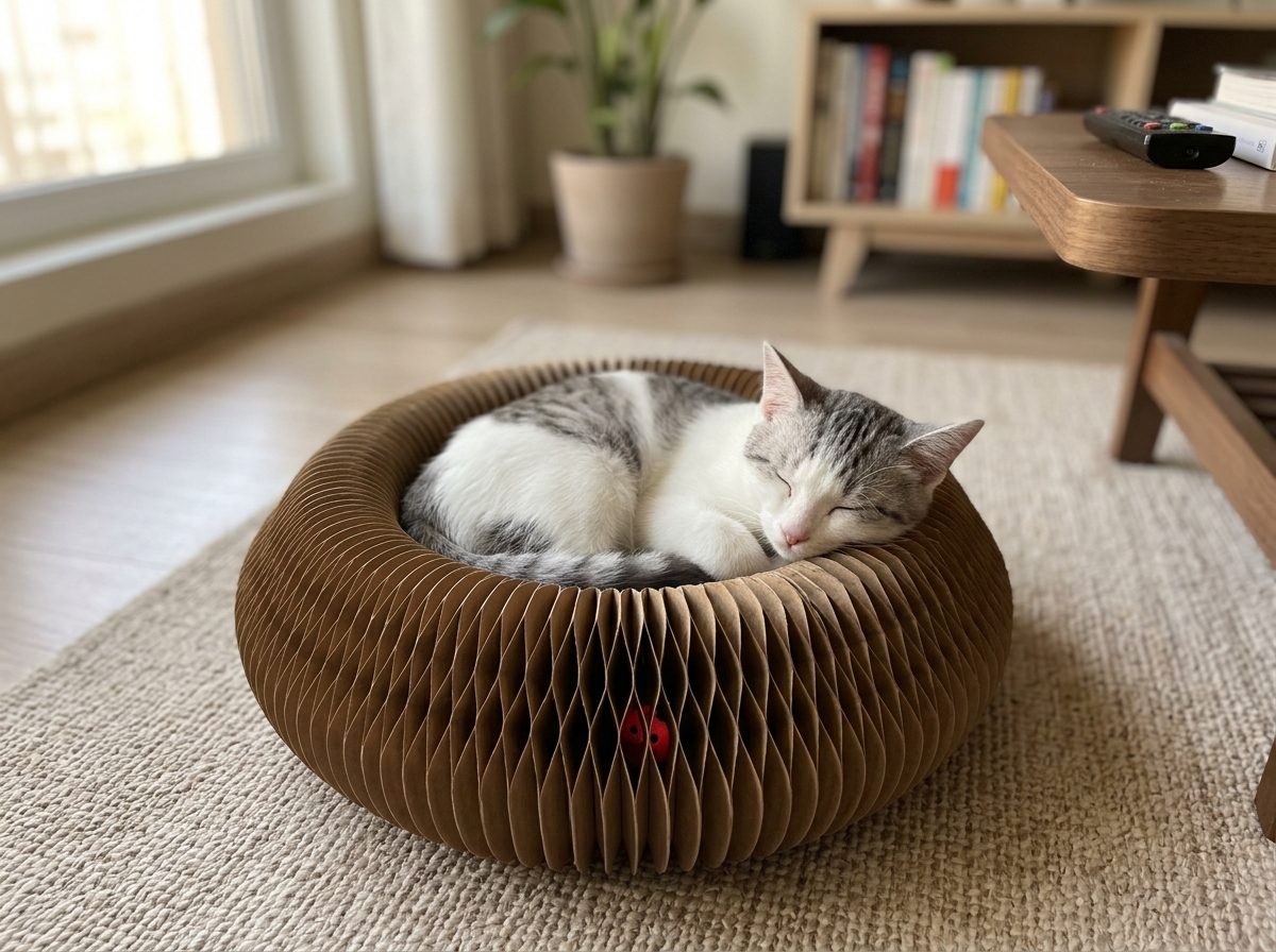 Chat endormi lové dans le creux du griffoir en carton